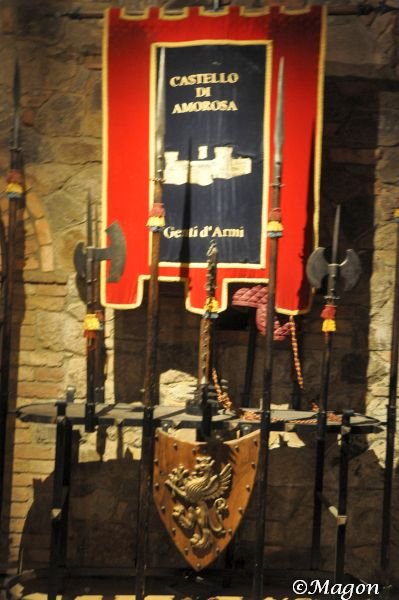 Castello Di Amorosa: щит с львом и знамя 'Genti d'Armi'